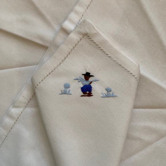 True Vintage Blue Embroidered White Hemstitched Square Cloth Napkins UNUSED!